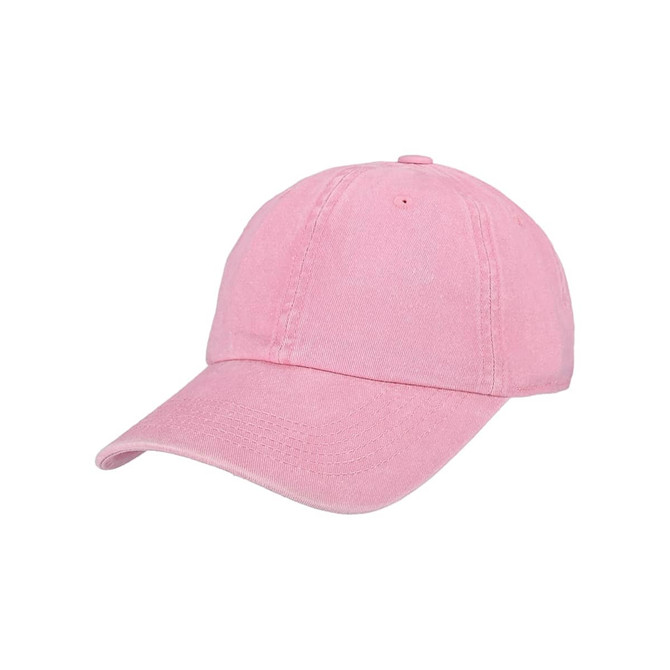 A pink Premium Washed Cotton Baseball Cap with a curved brim and adjustable strap at the back, featuring a logo.