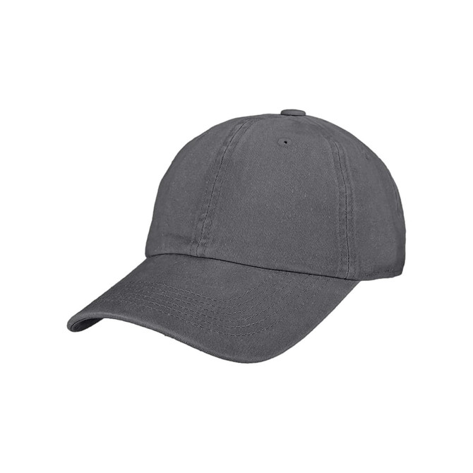 A grey 6-panel premium washed cotton baseball cap featuring an adjustable strap and a logo.