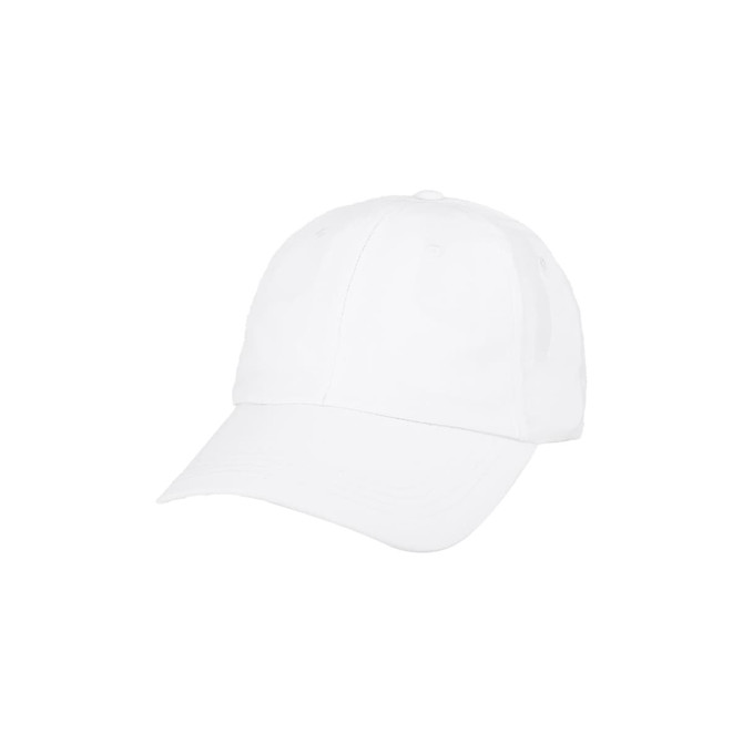 A lightweight cap in white with a rounded crown and a curved brim. It includes a logo on the front.