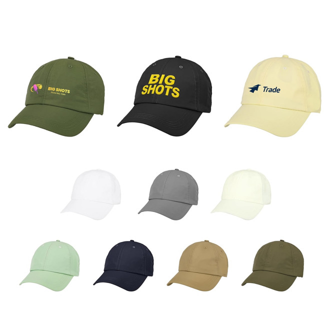 A collection of six-panel lightweight caps in various colours, featuring different logos and designs.