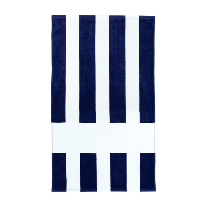 A striped beach towel featuring navy blue and white colours, with a branded logo on it.