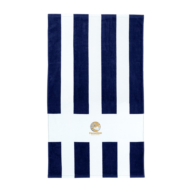 A beach towel with navy and white stripes, featuring a circular logo at the centre.
