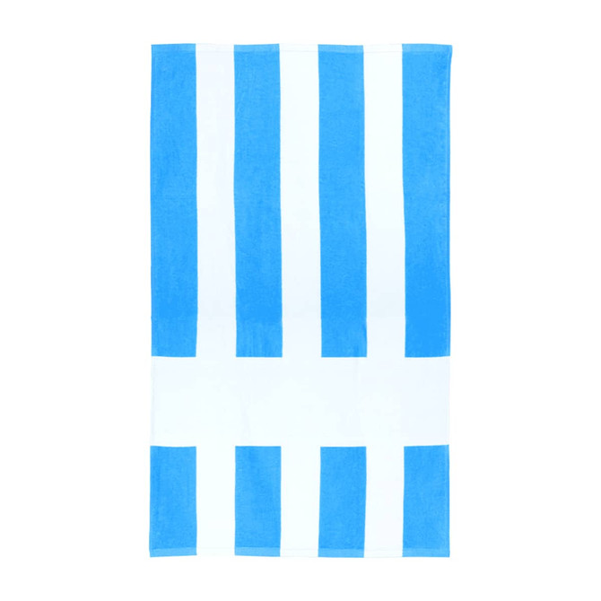 A beach towel featuring blue and white stripes with a central band. It has a logo in one corner.
