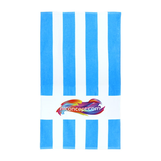A soft, blue and white striped beach towel featuring a central branding logo.