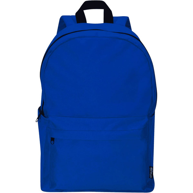 A blue laptop backpack with a front pocket and a logo, featuring adjustable shoulder straps and a top handle.