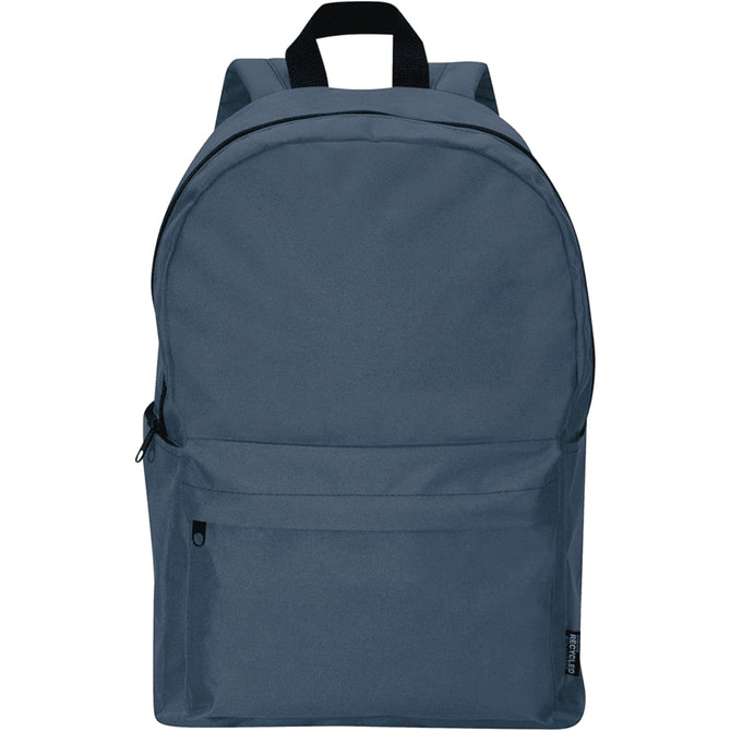 A dark blue laptop backpack with a simple design and front zip pocket, featuring shoulder straps and a top handle.