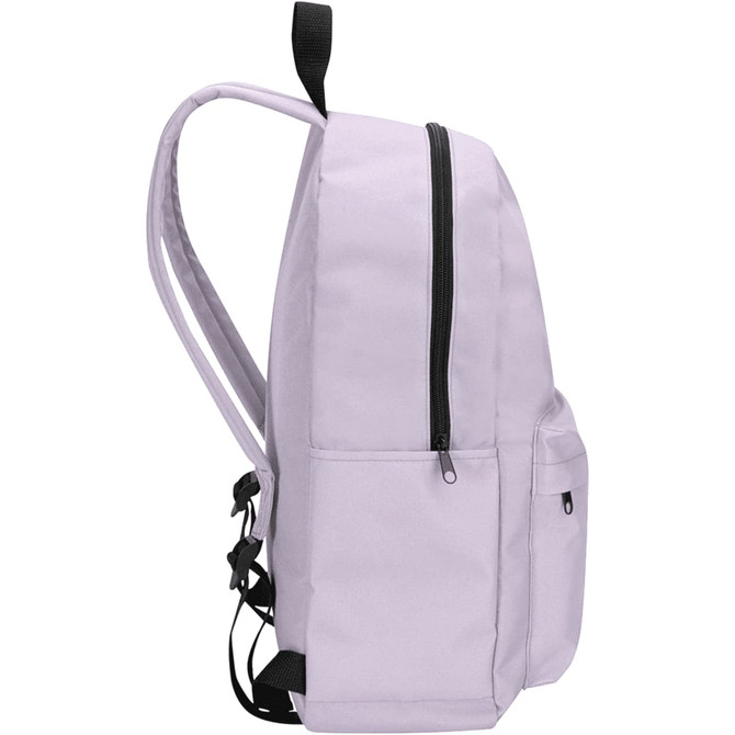 A light purple laptop backpack with a zipped main compartment and side pockets. It features adjustable straps and a logo.