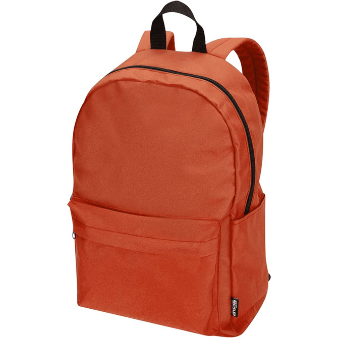 An orange laptop backpack with a front pocket and black zippers. It features padded shoulder straps and a logo.
