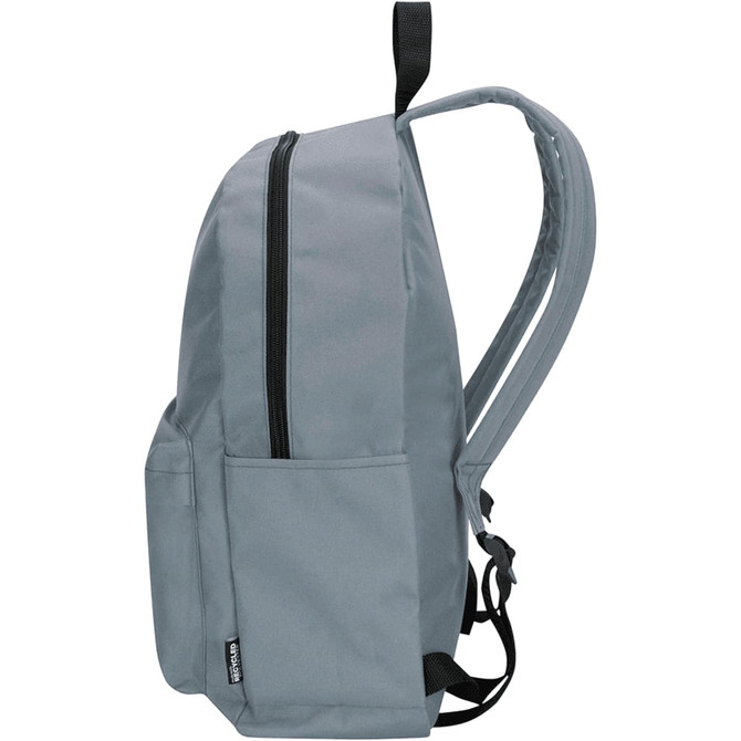 A grey laptop backpack with two side pockets and a zippered main compartment. It features adjustable shoulder straps.