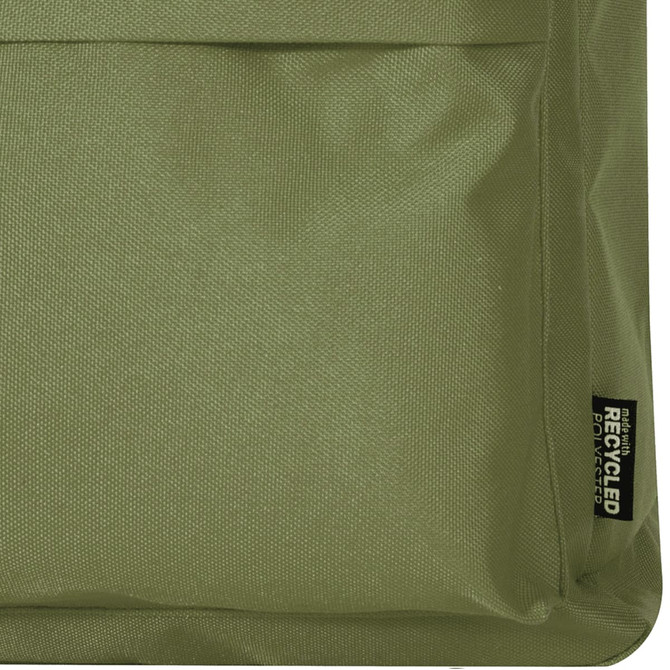 An olive green recycled fabric laptop backpack featuring a logo, showcasing its textured surface.