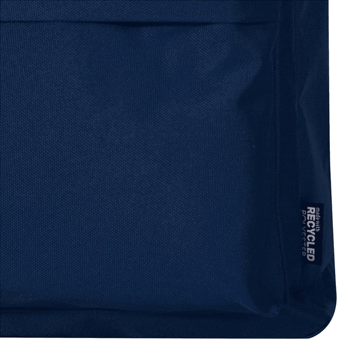 A navy blue backpack made from recycled materials, featuring a textured surface and a branding tag.