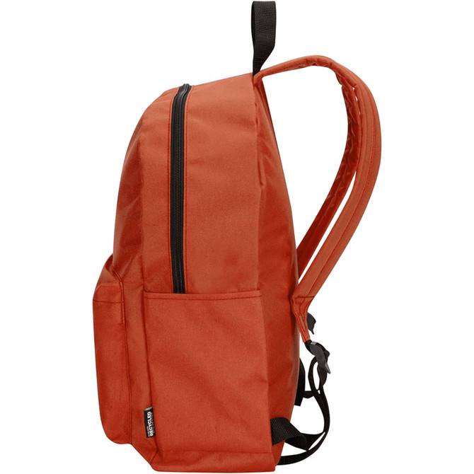 An orange laptop backpack with a zip closure and adjustable straps, featuring side pockets and a simple design.