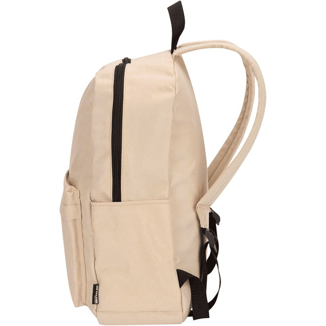 A beige laptop backpack with a zip closure and side pockets, featuring adjustable straps and a logo.