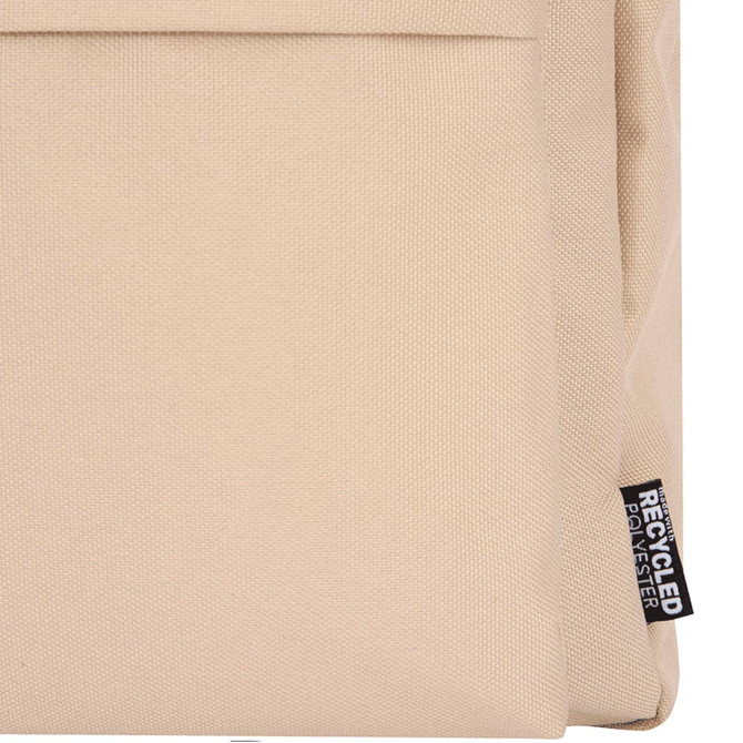 A beige laptop backpack made from recycled polyester, featuring a visible logo and a front pocket.