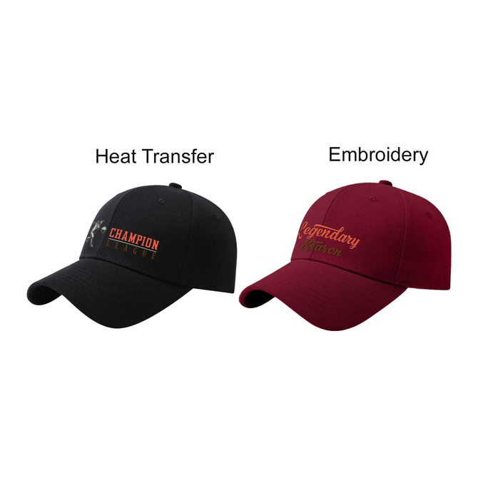Two cotton hard top baseball caps: one black with heat transfer design and one maroon with embroidered text.