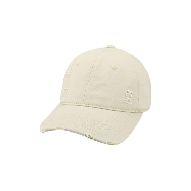 A vintage baseball cap in a pale beige colour with distressed details and a curved brim. It features a logo.