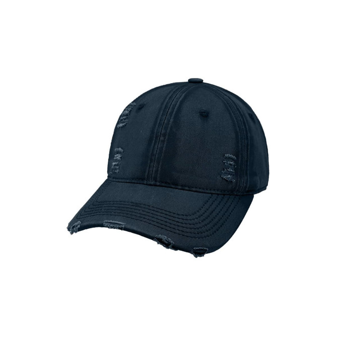A vintage baseball cap in dark navy with a distressed design and a curved brim. It has a logo on the front.