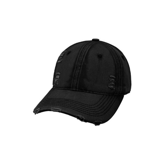 A vintage black baseball cap with distressed detailing and a curved brim, featuring a logo on the front.