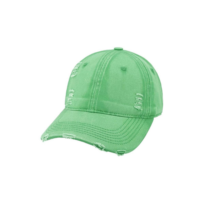 A vintage green baseball cap featuring distressed detailing and a rounded peak, also has a logo.