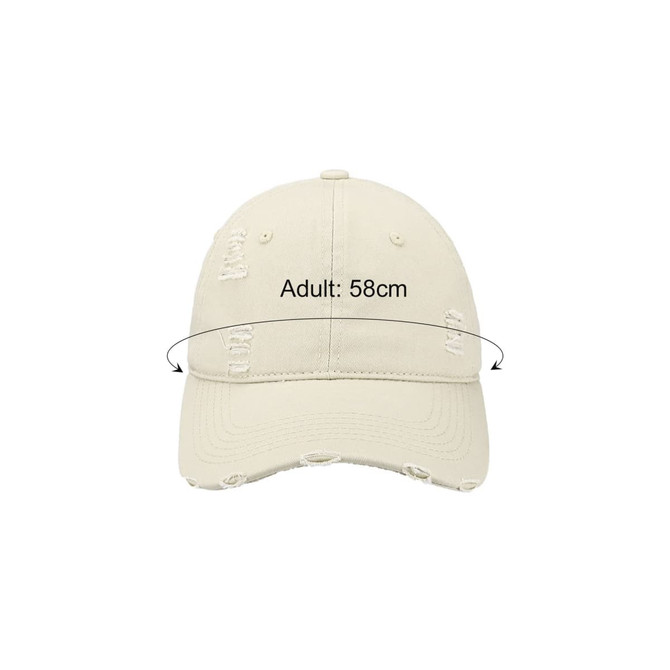 A vintage baseball cap in beige with a distressed design. Features an adjustable strap and a logo on the front.