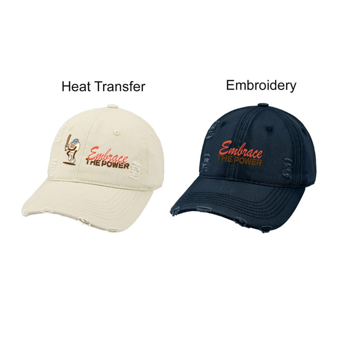 A vintage baseball cap featuring a cream-coloured and a navy design, both with embroidered branding and distressed detailing.