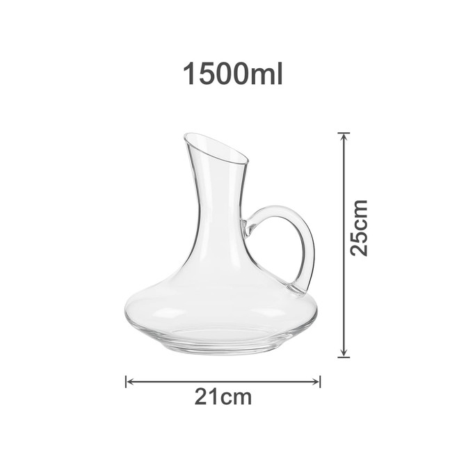 A clear glass wine decanter with a handle, measuring 21cm in width and 25cm in height, holding 1500ml.