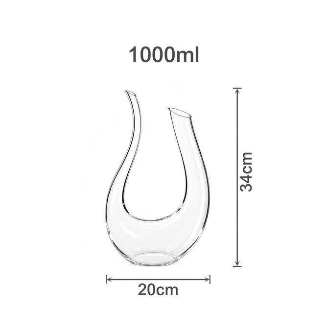 A U-shaped clear glass wine decanter with a capacity of 1000ml, measuring 34cm in height and 20cm in width.