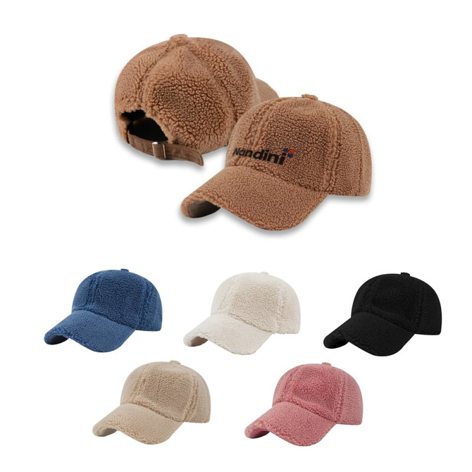 A collection of lamb fur baseball caps in brown, blue, cream, pink, and black, featuring a logo on the front.