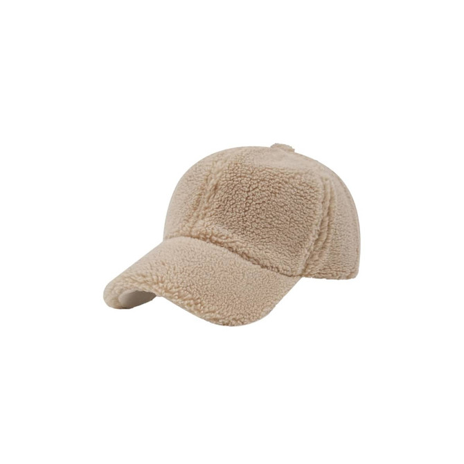 A beige lamb fur baseball cap featuring a soft, textured surface and a curved brim. It includes a logo on the front.