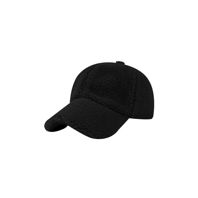 A black lamb fur baseball cap with a curved brim and adjustable strap at the back, featuring a logo.