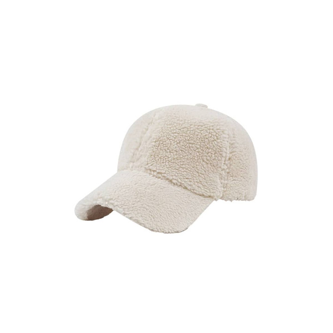 A cream lamb fur baseball cap with a curved visor and a soft, textured surface. It features a logo on the side.
