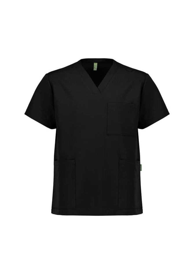 A unisex black V-neck scrub top featuring short sleeves and multiple pockets, with a logo on the design.