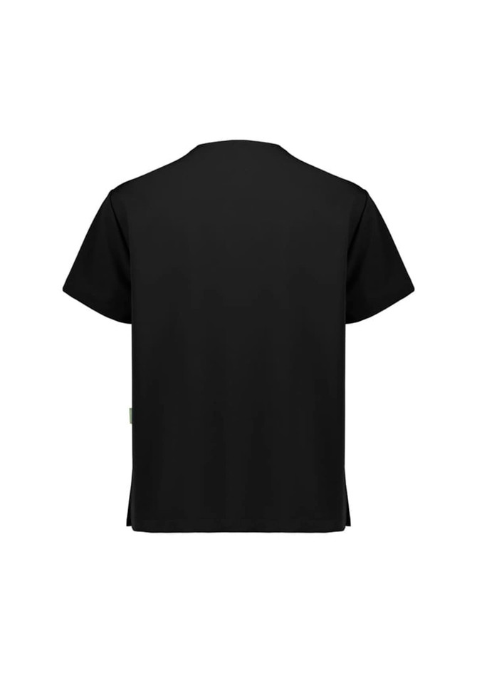 A black unisex pulse V-neck scrub top featuring a simple design, with a logo on the side.