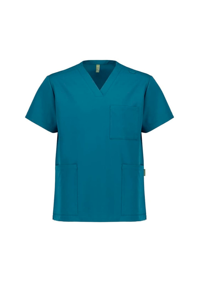 A turquoise unisex V-neck scrub top featuring short sleeves and multiple pockets. The top has a brand logo.