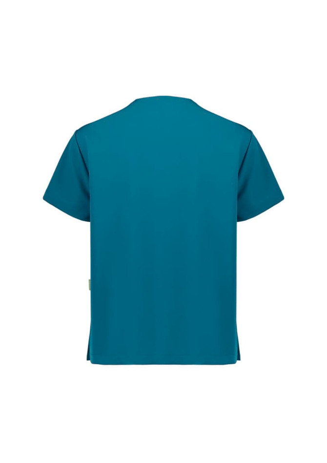 A unisex pulse v-neck scrub top in teal, featuring short sleeves and a logo on the back.