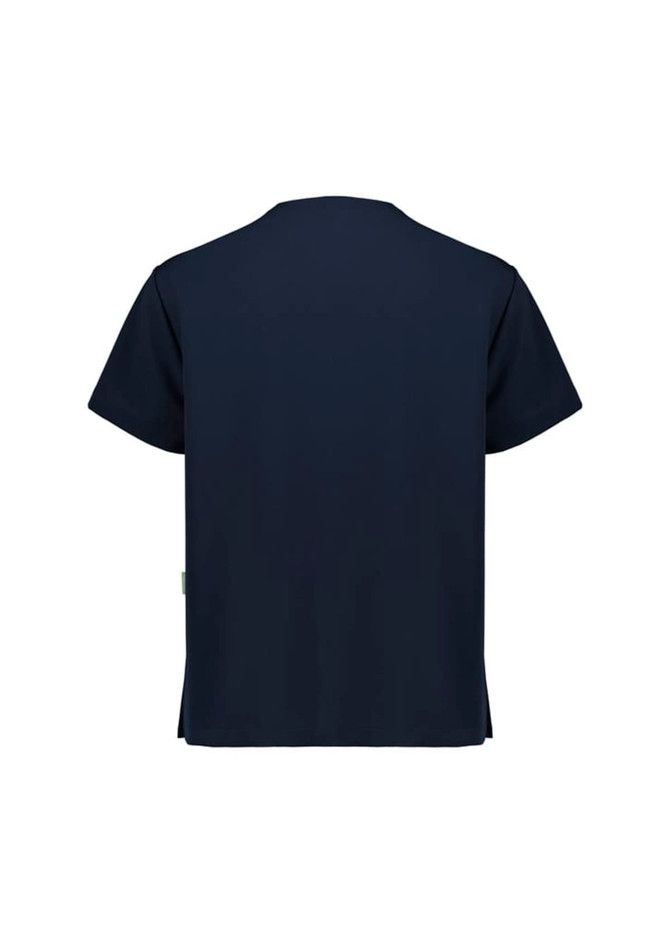 A unisex pulse v-neck scrub top in navy, featuring short sleeves and a simple design with a logo.