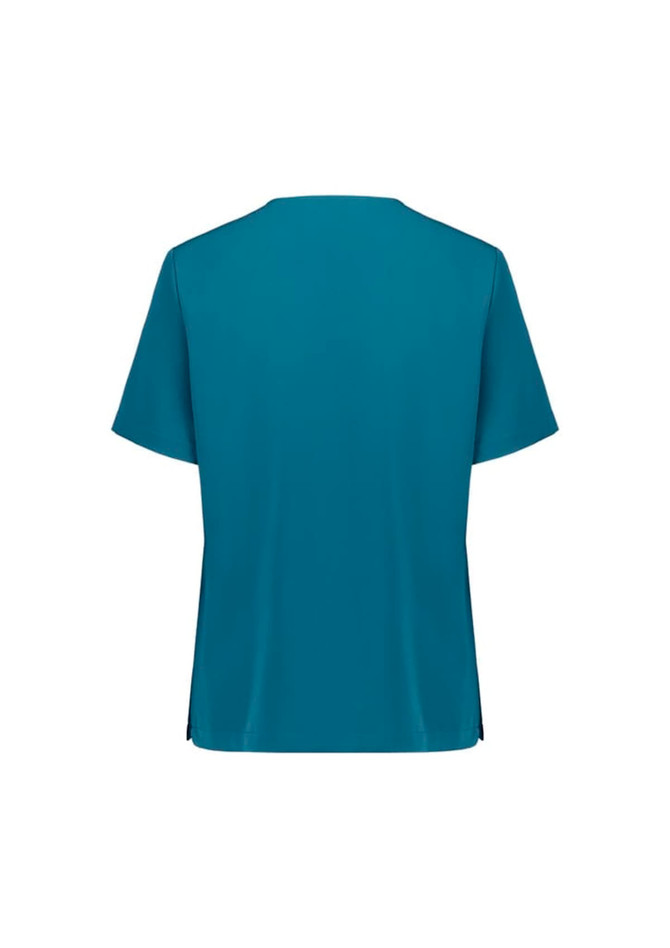 A teal women's scrub top with short sleeves and a V-neck design, featuring side slits and a branding logo.