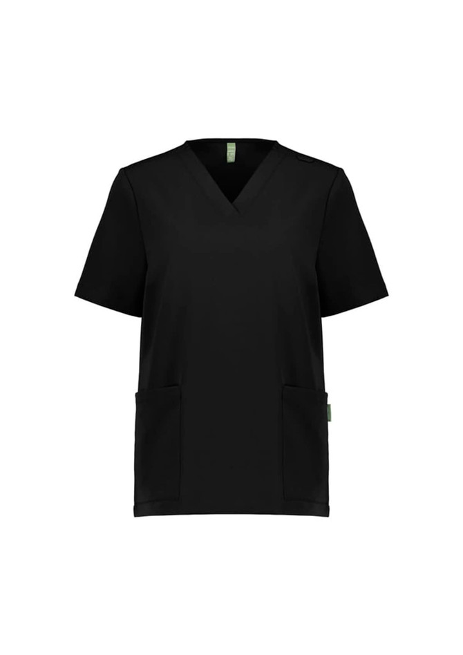 A black women's V-neck scrub top with short sleeves and two front pockets. It features a branding logo.