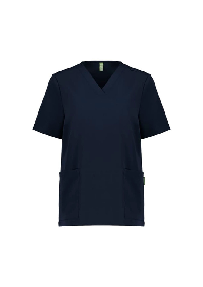 A navy women's scrub top with a V-neck, featuring short sleeves and two front pockets. It includes a branding logo.