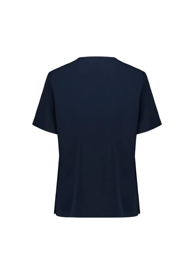 A navy women's V-neck scrub top with short sleeves and a simple design. Features a logo on the back.