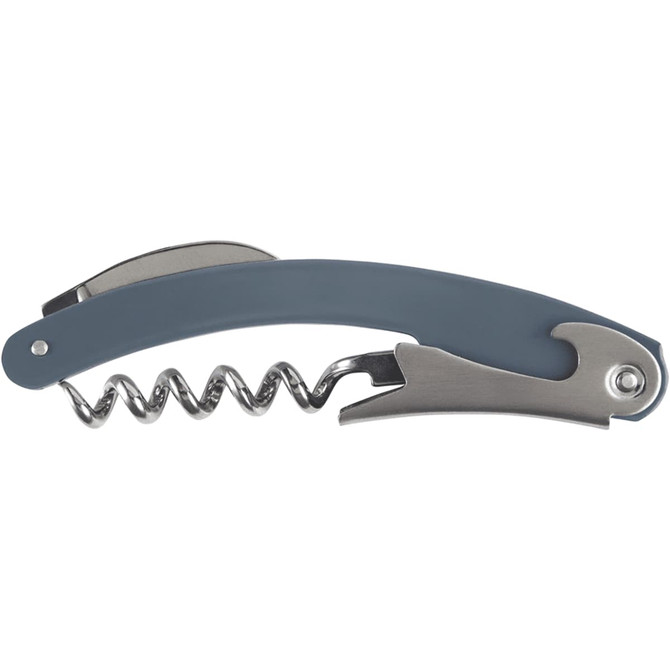 A waitress knife featuring a blue handle and stainless steel corkscrew. It has a compact design with a sleek finish.
