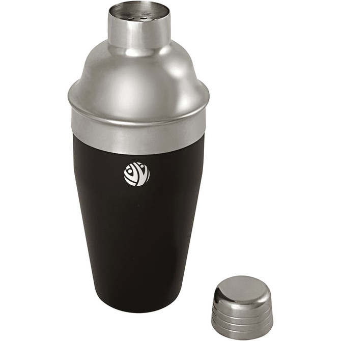 A stainless steel cocktail shaker in black with a silver lid and base, featuring a branding logo.
