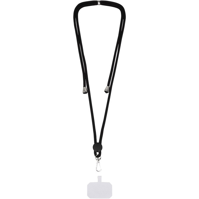 A black phone lanyard featuring a clip attachment and metallic ends, designed for holding devices securely.
