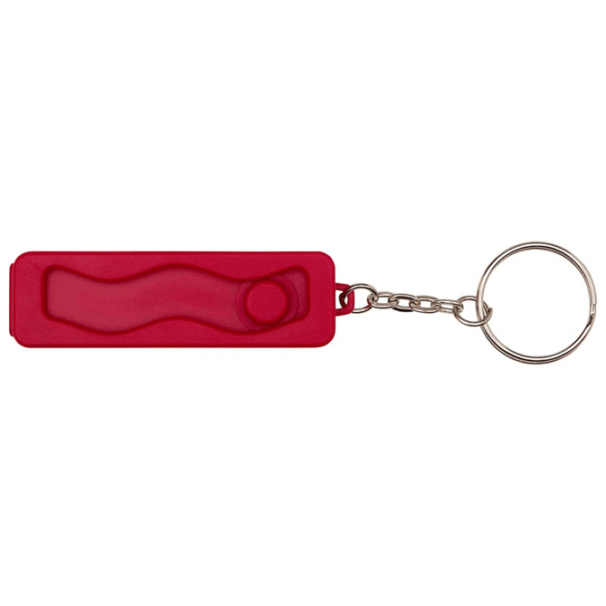 A red recycled plastic phone stand with a fidget toy attached, featuring a keychain loop. A red recycled plastic phone stand with a fidget toy attached, featuring a keychain loop.