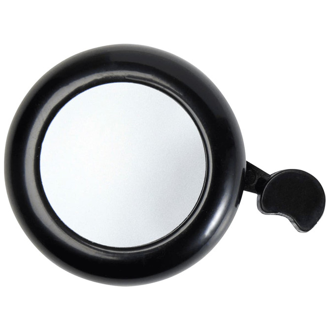 A black bicycle bell with a shiny silver surface and a side lever for ringing. It features a logo.
