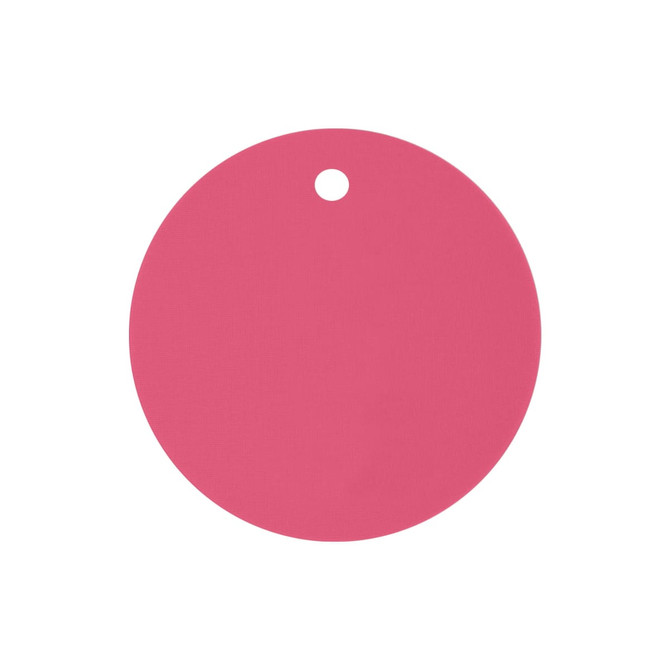 A drink bottle cover in bright pink, featuring a circular shape with a hole at the top for easy attachment.