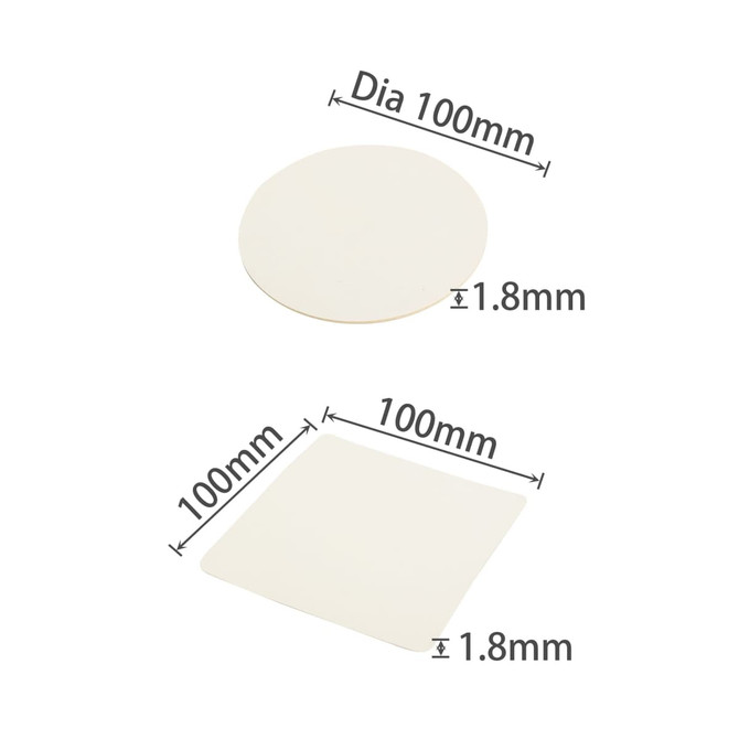 A round and a square absorbent paper coaster in a light colour, each measuring 100mm in diameter or width and 1.8mm thick.