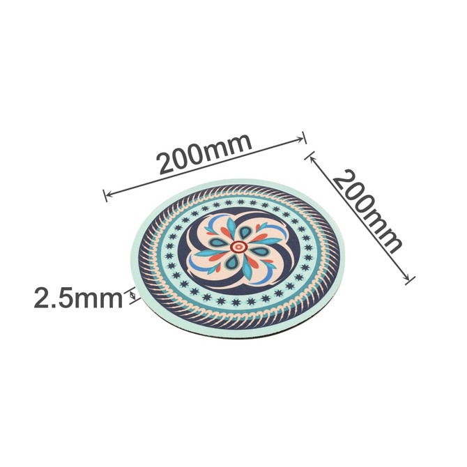 A circular trivet with a decorative pattern, measuring 200mm in diameter and 2.5mm thick, featuring pastel colours.