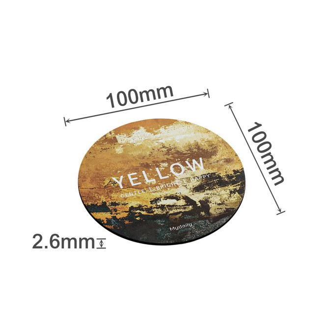 A round, yellow frosted metal coaster with an abstract design, measuring 100mm in diameter and 2.6mm thick.