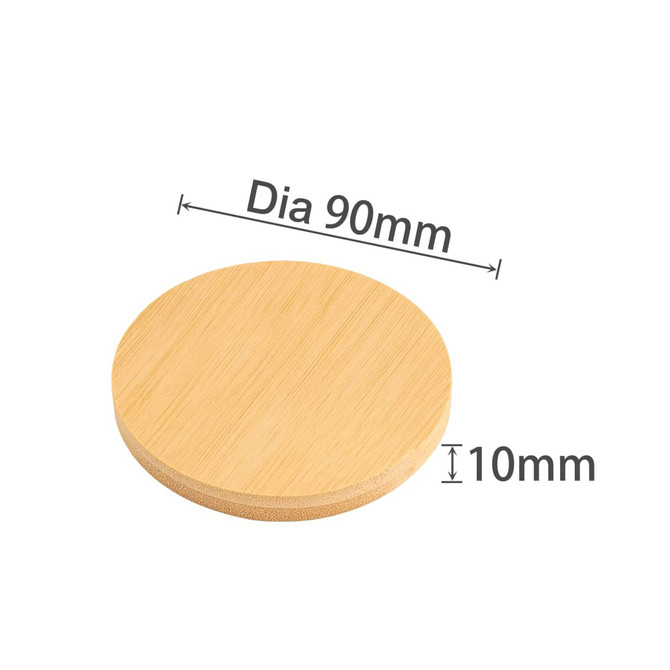 A round bamboo bottle opener coaster in a natural wood finish, measuring 90mm in diameter and 10mm in thickness.